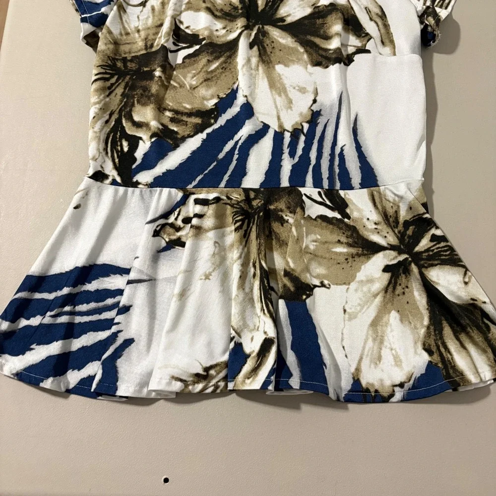 Alberto Makali Floral Zebra Print Peplum Top Short Sleeve Navy Olive White M - Picture 7 of 10
